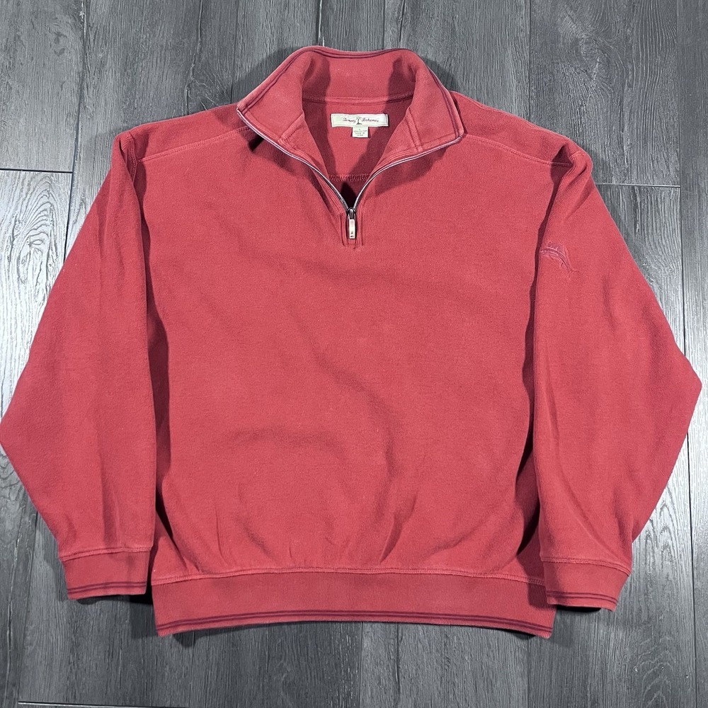 Tommy Bahama 1/4 Zip Sweater Men Large Burnt Orange Pullover Knit Mock Neck Golf